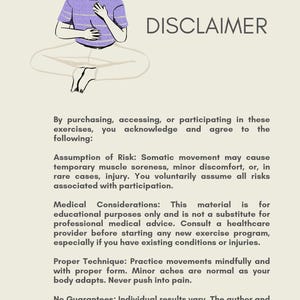 May include: Illustration of a person in a seated meditation pose, wearing a purple shirt, with the word "DISCLAIMER" above. Text below details risk and medical considerations, proper technique, and no guarantees.