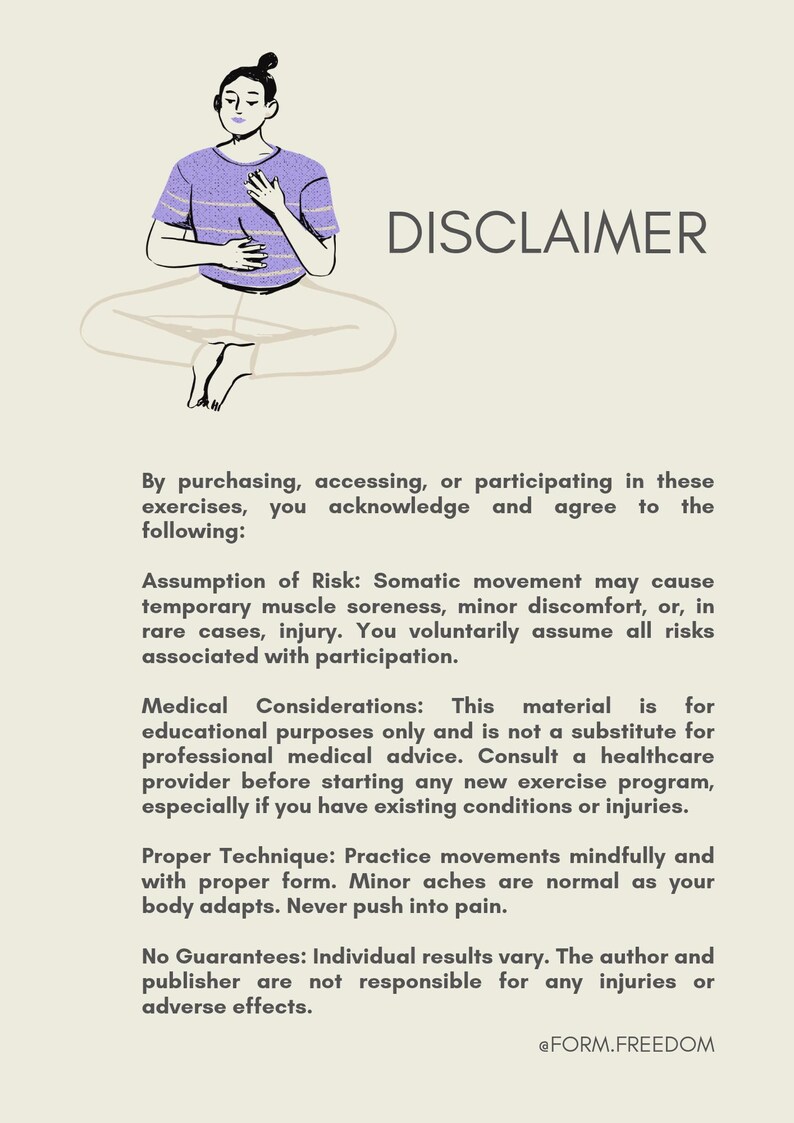 May include: Illustration of a person in a seated meditation pose, wearing a purple shirt, with the word "DISCLAIMER" above. Text below details risk and medical considerations, proper technique, and no guarantees.