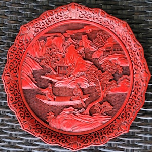 Vintage Chinese Carved Cinnabar-Style Red Lacquerware Decor Plate