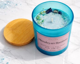 Handmade Soy Candle with Lapis Lazuli • Blue Glass Candle • Crystal Decor Candle • Minimalist Home Decor