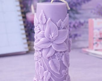 Handmade Floral Carved Pillar Candle – Romantic Decorative Soy Candle – Gift for Her – Natural Wax Home Decor