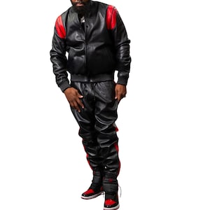 Personalized Handcrafted Premium Leather Tracksuit - Elevate Your Style Grey with White Stripe Jogging style for Men
