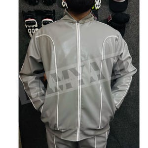 Personalized Handcrafted Premium PU Leather Tracksuit - Elevate Your Style Grey with White Stripe Jogging style for Men