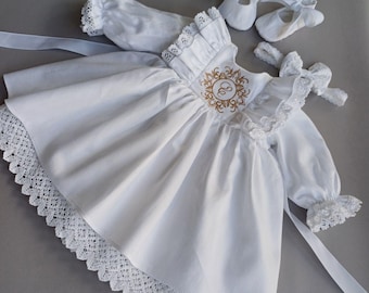 White Linen Girls' Dress: Embroidered Christening Gown, Custom Made