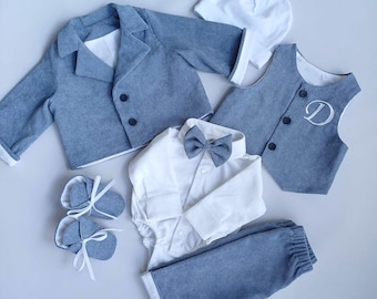Baby Boy Outfit – Embroidered Vest, Bodysuit with Bow, Pants | Christening, Birthday, 3 psc set