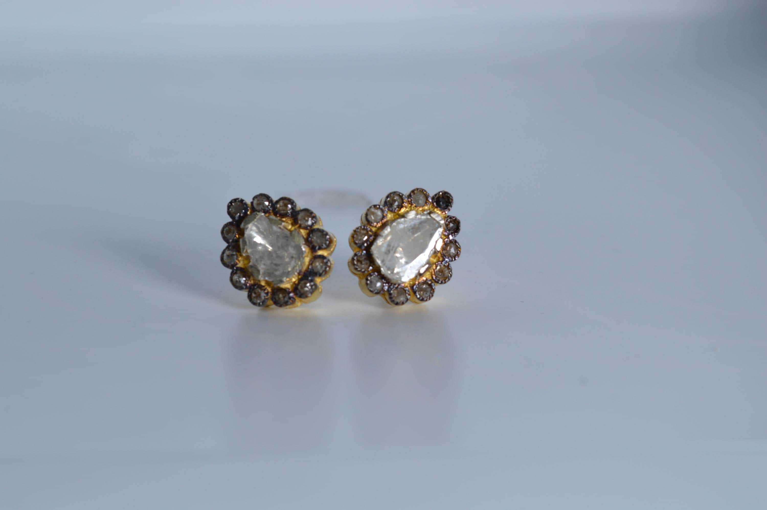 Boucles D'oreilles Créoles Polki Diamants - Argent 925 Plaqué Or, Forme Larme, Vintage