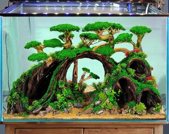 Acuario Aquascape, madera flotante, bonsái, musgo, paisaje duro, rocas de paisajismo acuático, decoraciones reales para peceras.