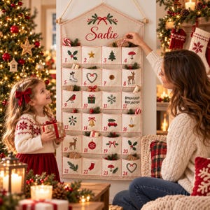 Könnte beinhalten: Ein beigefarbener Adventskalender aus Stoff zum Aufhängen mit dem Namen Sadie in roter Schrift oben. Er verfügt über vierundzwanzig nummerierte Taschen, die jeweils mit weihnachtlichen Motiven wie Stechpalmen, Sternen, Tannen und Schneeflocken bestickt sind.