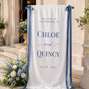 Custom Couple Name Wedding Banner, Personalized Embroidered Linen Sign, Romantic Ceremony Entrance and Sweetheart Table Backdrop