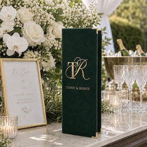 Menú de bar personalizado para bodas en lino, menú de bebidas plegable con logotipo personalizado, menú de cócteles de lujo de autor, decoración de bar para la recepción de la boda.