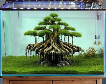 May include: A rectangular glass aquarium with a bonsai tree design. The tree has a detailed root structure and green foliage, set against a light blue background. The aquarium sits on a wooden cabinet and is illuminated by overhead lighting.