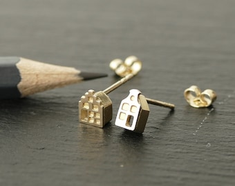 Massive 14 Karat Gold Tiny Amsterdamer Haus STUD-OHRRINGE, niederländische Häuser, Grachtenhäuser, Geschenk für Architekten, Reisegeschenk, Stadtbildohrringe