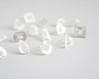 Mini Gem Studs - 199 Carat Series - Sterling Silver - Hand Cut Facets - Pear, Heart, Brilliant, Emerald, etc.