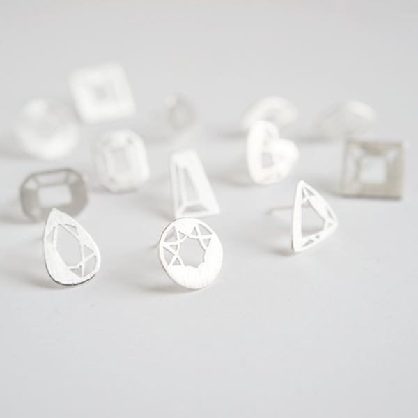 Mini Gem Studs - 199 Carat Series - Sterling Silver - Hand Cut Facets - Pear, Heart, Brilliant, Emerald, etc.