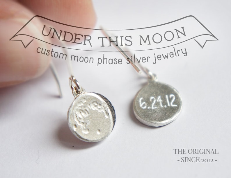 UNDER THIS MOON / Earrings Personalized moon phase earrings of your special date in silver, delicate moon earrings, new mom custom gift image 1