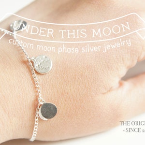 UNDER THIS MOON / Custom moon phase silver bracelet, birthday moon bracelet, first kiss moon, special moments, memento image 1