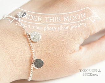 UNDER THIS MOON / Custom moon phase silver bracelet,  birthday moon bracelet, first kiss moon, special moments, memento