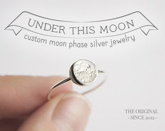 UNDER THIS MOON / Ring - Personalized lunar phase ring of your special night in silver, dainty moon ring, moon phase ring, crescent moon