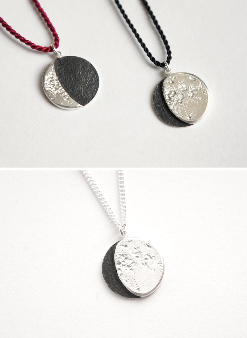 big UNDER THIS MOON / Necklace Customised lunar phase pendant of your special night in silver and silk, realistic silver moon phase image 3