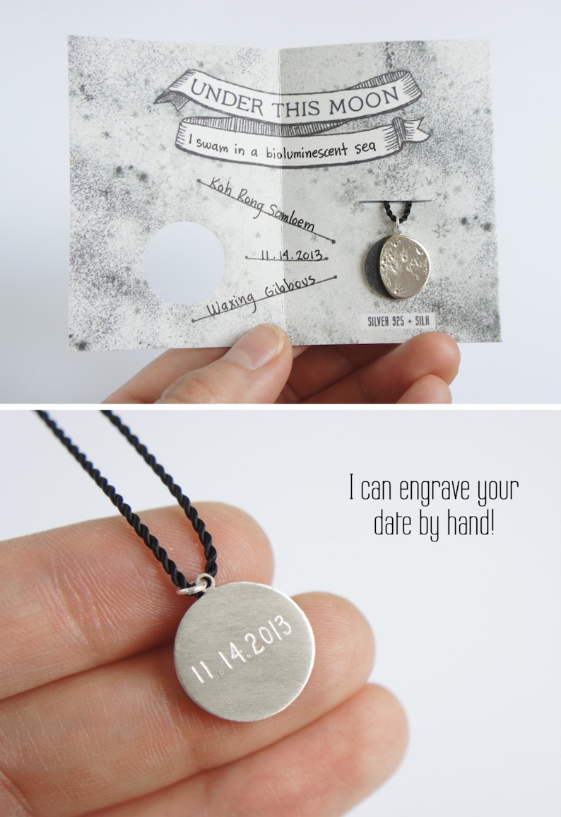 big UNDER THIS MOON / Necklace Customised lunar phase pendant of your special night in silver and silk, realistic silver moon phase image 2