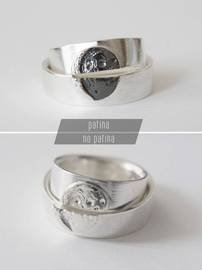 UNDER THIS MOON / Personalised moon phase wedding band set in silver, moon lovers rings, custom moon jewelry, phases of the moon rings image 8