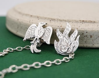 Phoenix & Fire Broschen Set: Sterling Silber Anstecknadeln mit Kette