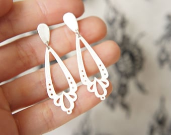 LINGERIE DANGLE LONG Earrings - Sterling Silver - Handmade by Gemagenta - Black or White - Wedding, Romantic, Lace, Light, Heart