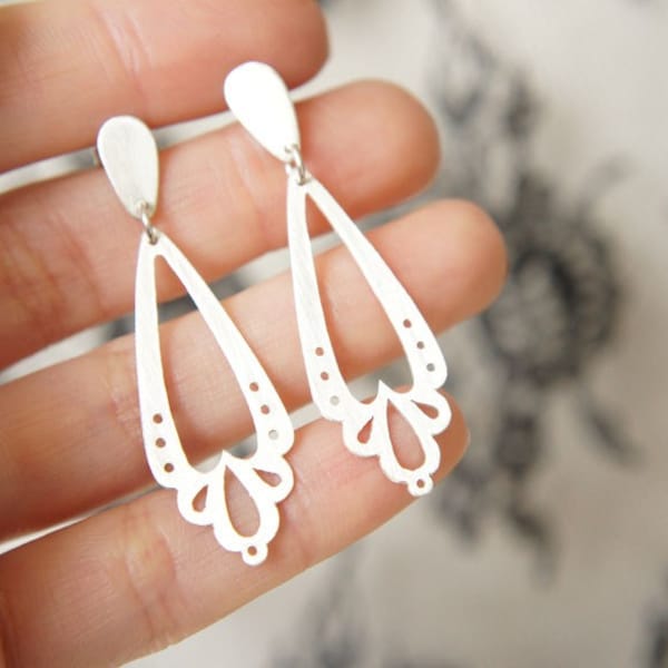 LINGERIE DANGLE LONG Earrings - Sterling Silver - Handmade by Gemagenta - Black or White - Wedding, Romantic, Lace, Light, Heart