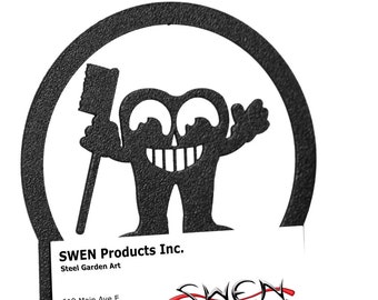 May include: Black metal business card holder shaped like a cartoon tooth holding a toothbrush. The holder has a circular base and a cutout of a smiling tooth with a toothbrush in its right hand. The holder is designed to hold a business card with the text "SWEN Products Inc. Steel Garden Art" on it.