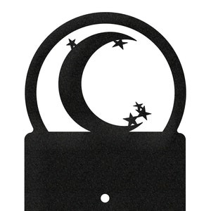 May include: Black metal light switch cover with a crescent moon and stars design.