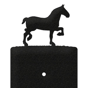 May include: Black metal light switch cover with a horse silhouette on top. The switch cover is rectangular and has a single toggle switch.