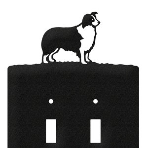 May include: Black metal double light switch cover with a silhouette of a Border Collie dog standing on top.