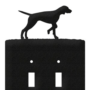 May include: Black metal double light switch cover with a silhouette of a German Shorthaired Pointer dog running on top.