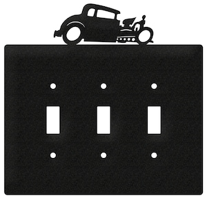 May include: Black metal light switch cover with a silhouette of a vintage hot rod car on top. The cover has three toggle switches.