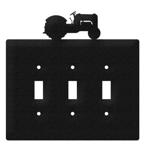 May include: Black metal light switch cover with a silhouette of a tractor on top. The cover has three toggle switches.