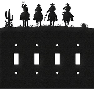 May include: Black metal light switch cover with four toggle switches and a silhouette of four cowboys riding horses across the top.