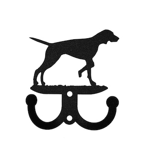 May include: Black metal double hook with a silhouette of a German Shorthaired Pointer dog in a running pose.