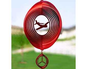 Airplane Low Wing Circle Red Swirly Metal Wind Spinner