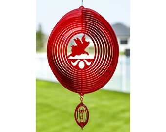 Flying Pig Circle Red Swirly Metal Wind Spinner