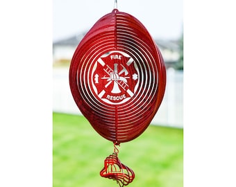 Fire Rescue Circle Red Swirly Metal Wind Spinner