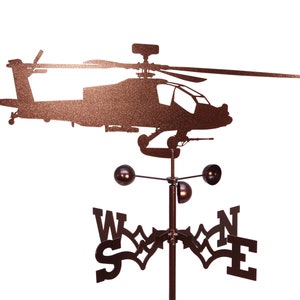 May include: A brown metal helicopter weather vane with a compass rose and four cardinal directions: North, East, South, and West.