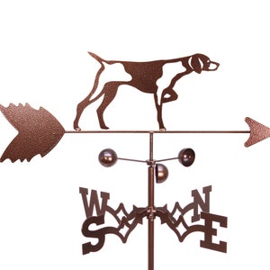 May include: A copper-colored metal weather vane featuring a silhouette of a German Shorthaired Pointer dog. The vane has a compass rose with the letters N, S, E, and W.