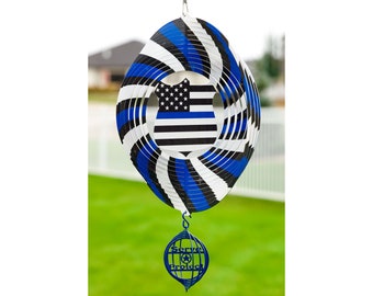 Police Back the Blue Swirly Metal Wind Spinner