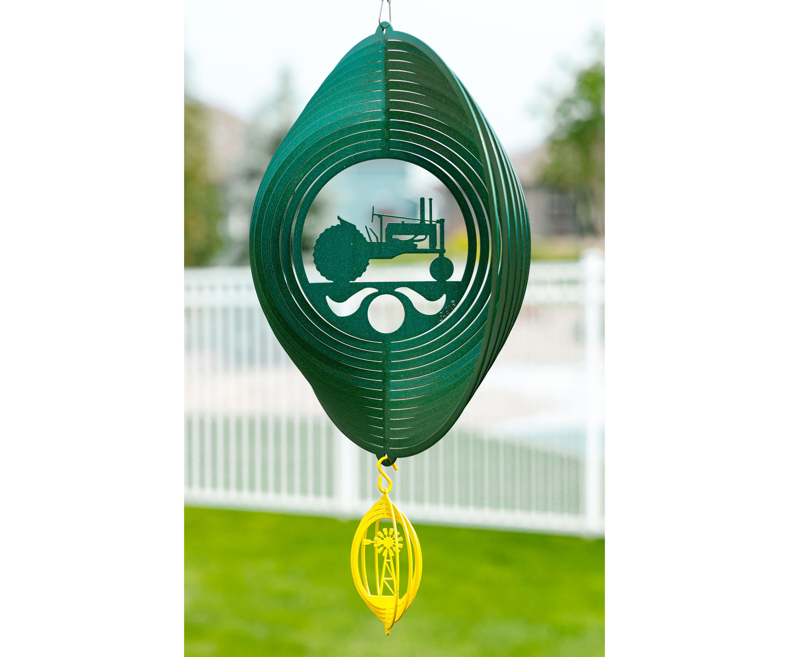 Tractor Green Swirly Metal Wind Spinner