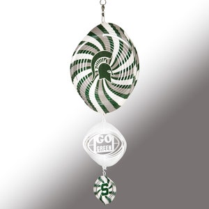 May include: A white and green wind spinner with a Spartan helmet design and the words "Go Green" on a football. The bottom spinner has a green "S" on it.