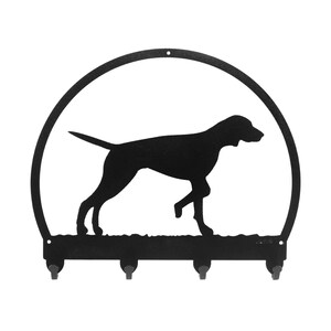 May include: Black metal key holder with a silhouette of a German Shorthaired Pointer dog in a circular frame. The key holder has four hooks.