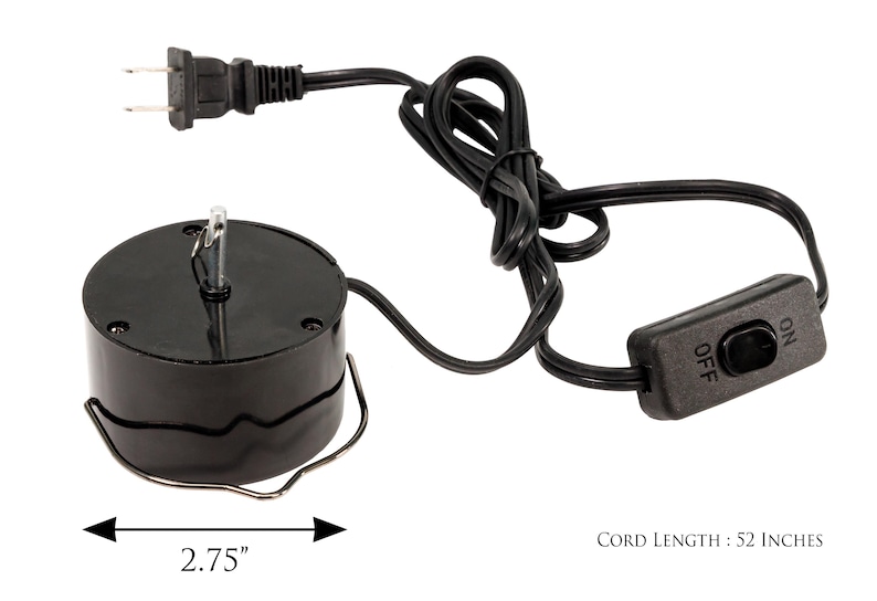 May include: Black electric rotating base with an on/off switch and a 52-inch cord. The base is 2.75 inches in diameter.