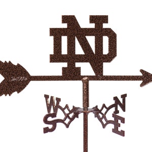 May include: A brown metal weather vane with the letters ND in the center and an arrow pointing to the right. The weather vane also has the letters N, S, E, and W on it.
