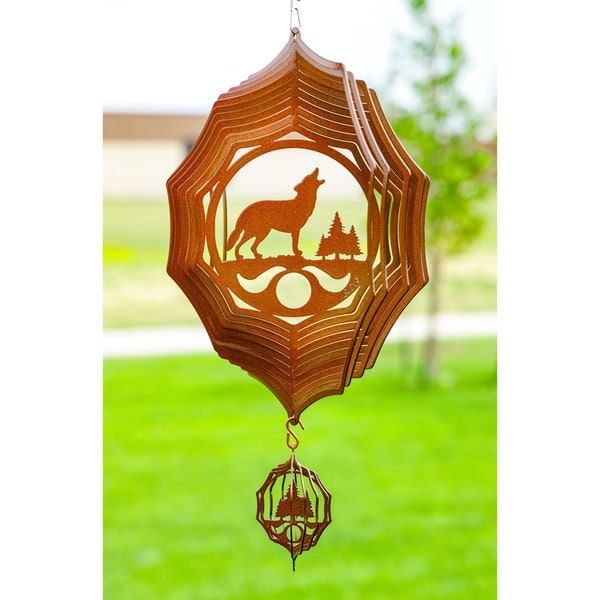 Wolf Howling at the Moon Copper Swirly Metal Wind Spinner