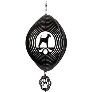 May include: Black metal wind spinner with a silhouette of an Irish Terrier dog in the center. The spinner has a paw print design at the bottom.